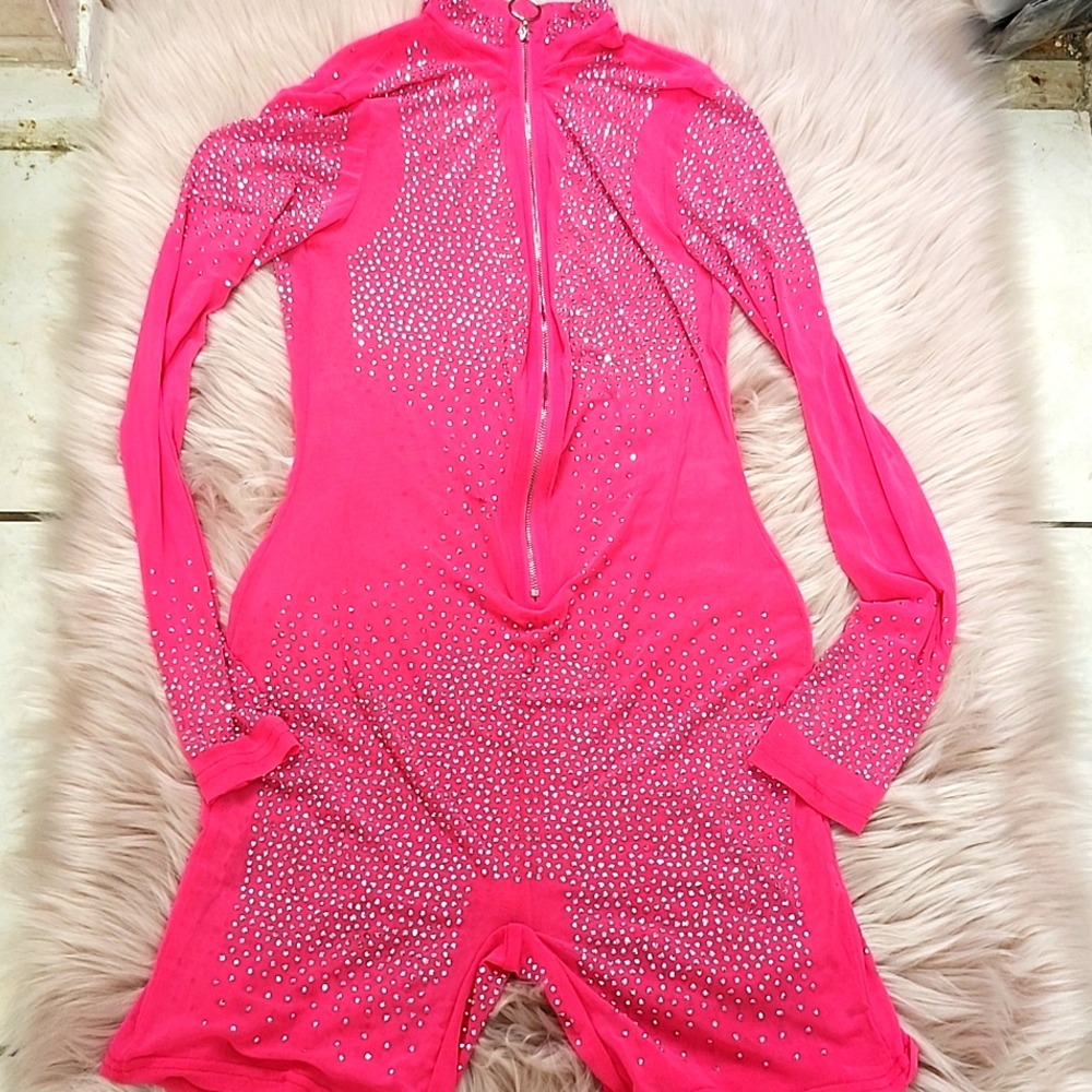 Brand New AMIClubwear NEON PINK BODYCON MESH SEQUIN ROMPER-M